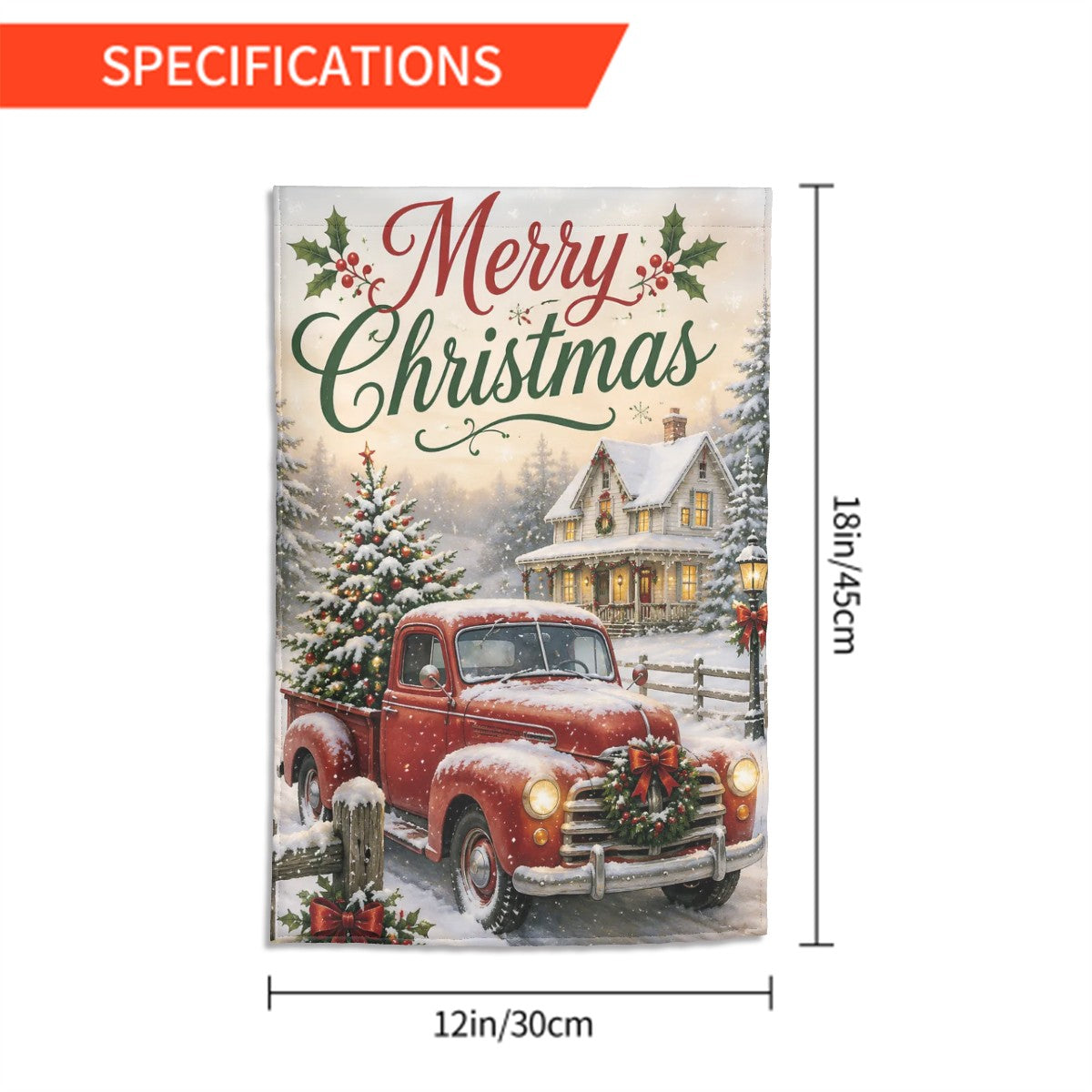 Vintage Merry Christmas Garden Flag | Red Farm Truck Holiday Outdoor Decor | 12" x 18"