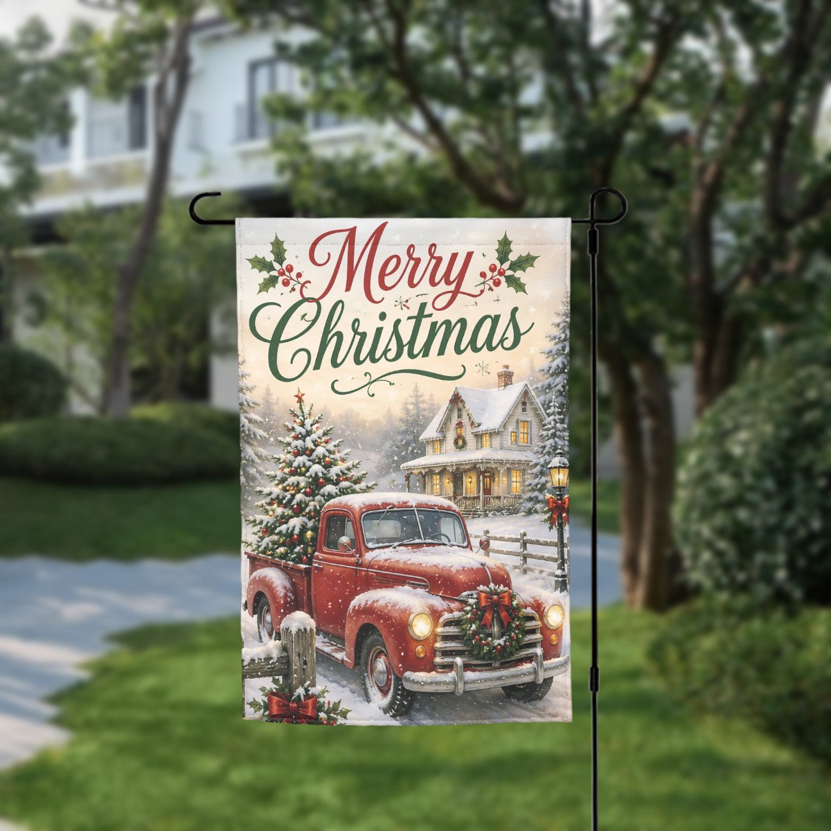 Vintage Merry Christmas Garden Flag | Red Farm Truck Holiday Outdoor Decor | 12" x 18"