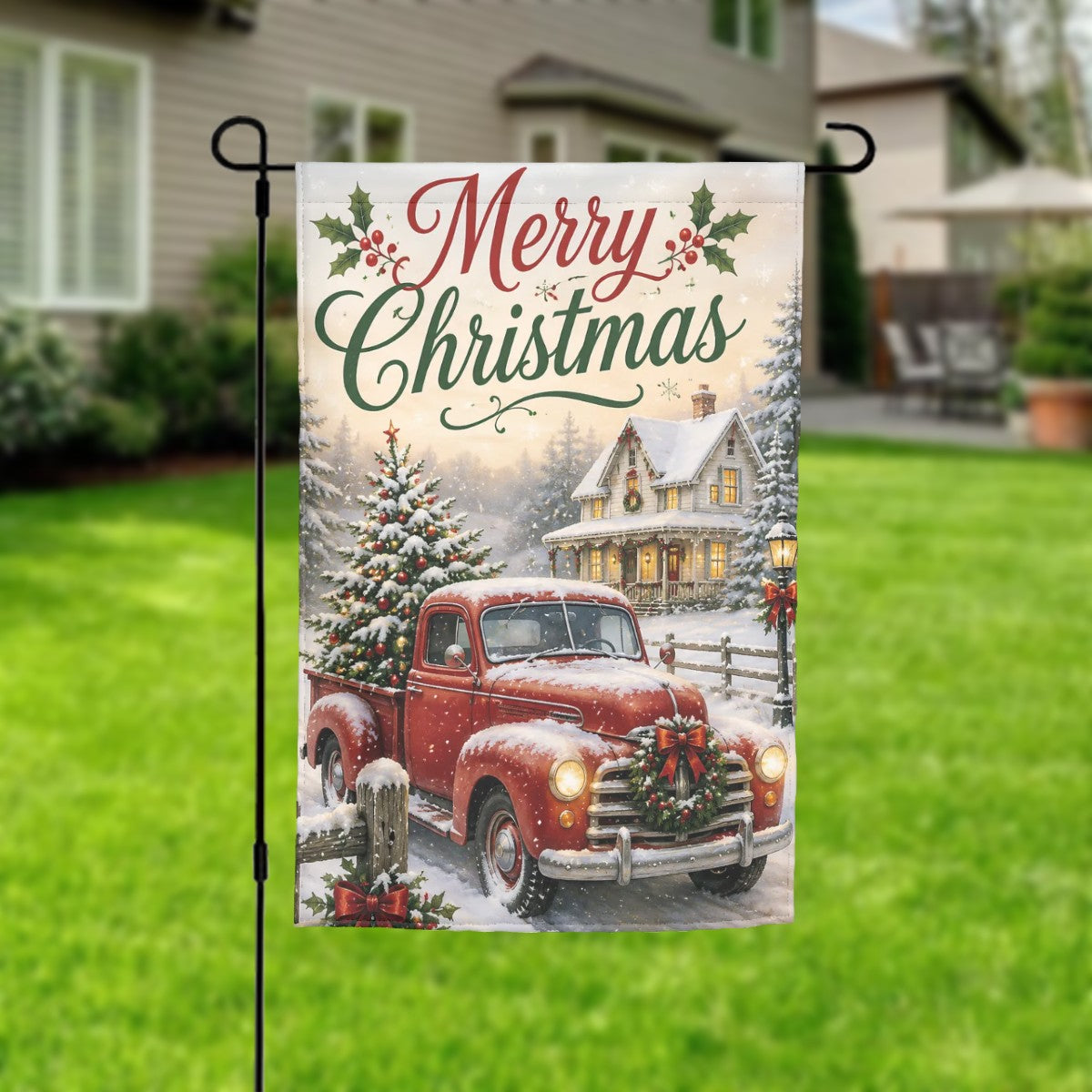 Vintage Merry Christmas Garden Flag | Red Farm Truck Holiday Outdoor Decor | 12" x 18"