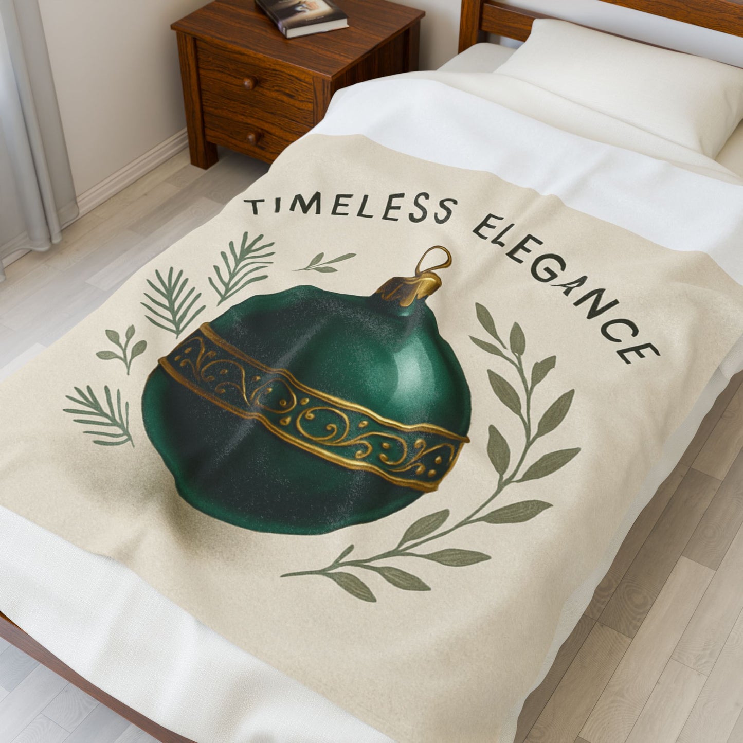Velveteen Blanket — "Timeless Elegance" Green Ornament Holiday Throw