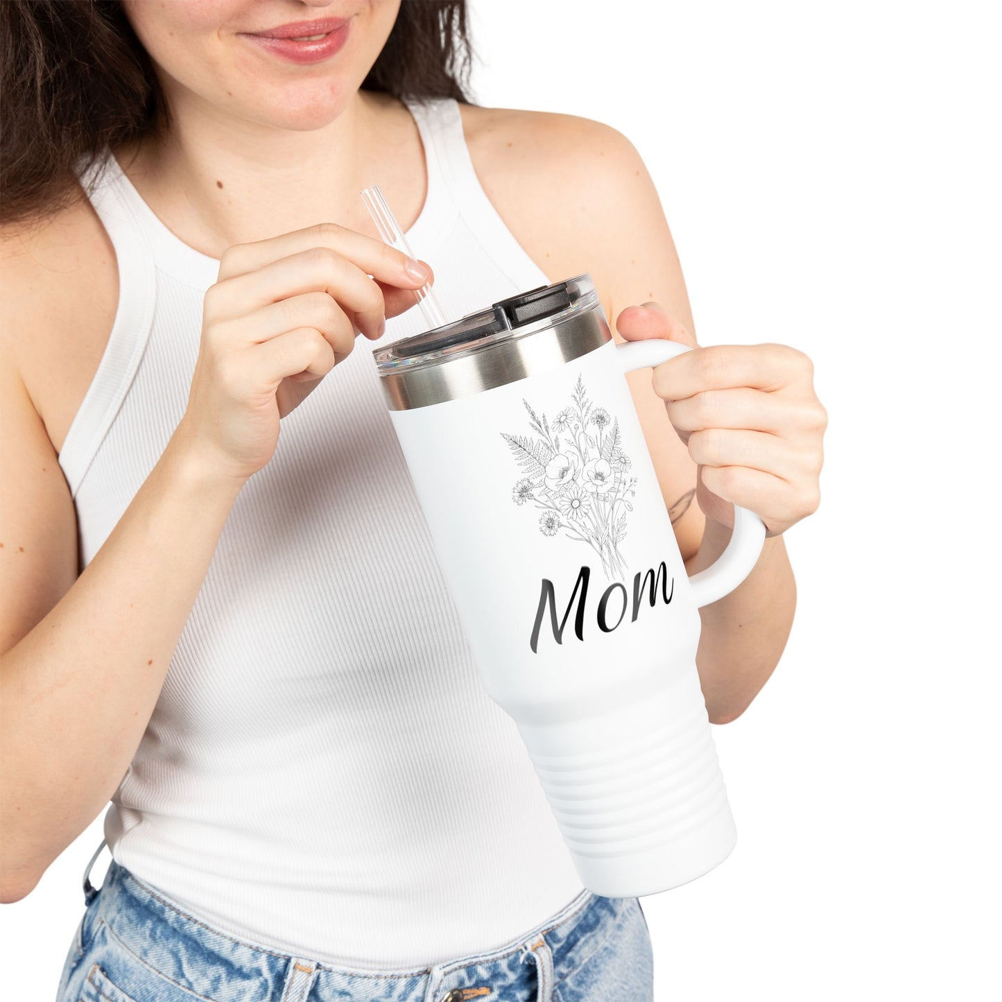 Mom Floral Travel Thumbler — 40oz Insulated Tumbler with Handle