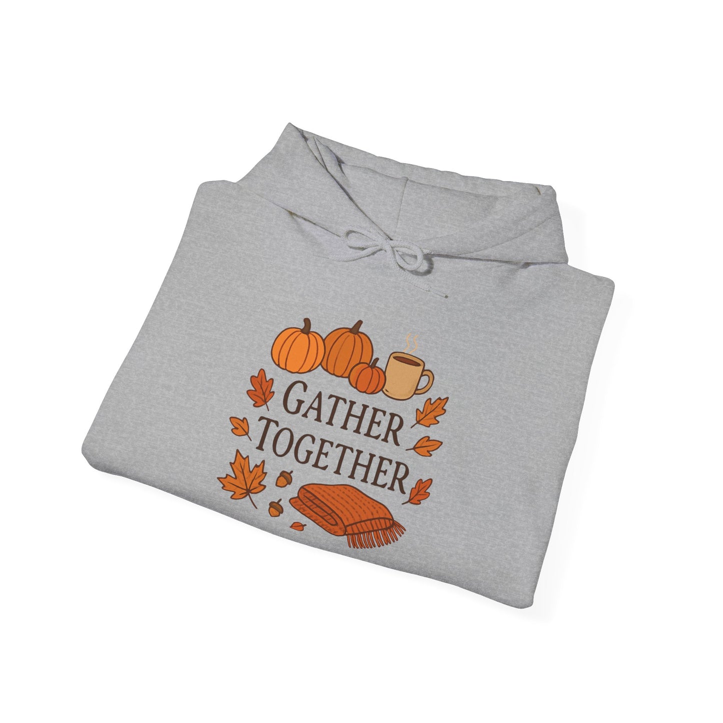 Gather Together Hoodie – Fall Pumpkin, Leaves & Mug Cozy Thanksgiving Sweatshirt