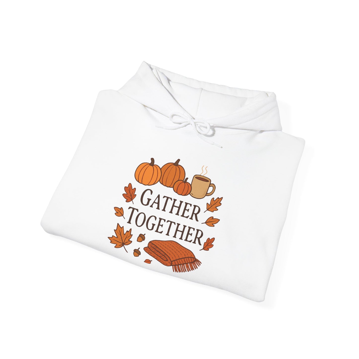 Gather Together Hoodie – Fall Pumpkin, Leaves & Mug Cozy Thanksgiving Sweatshirt