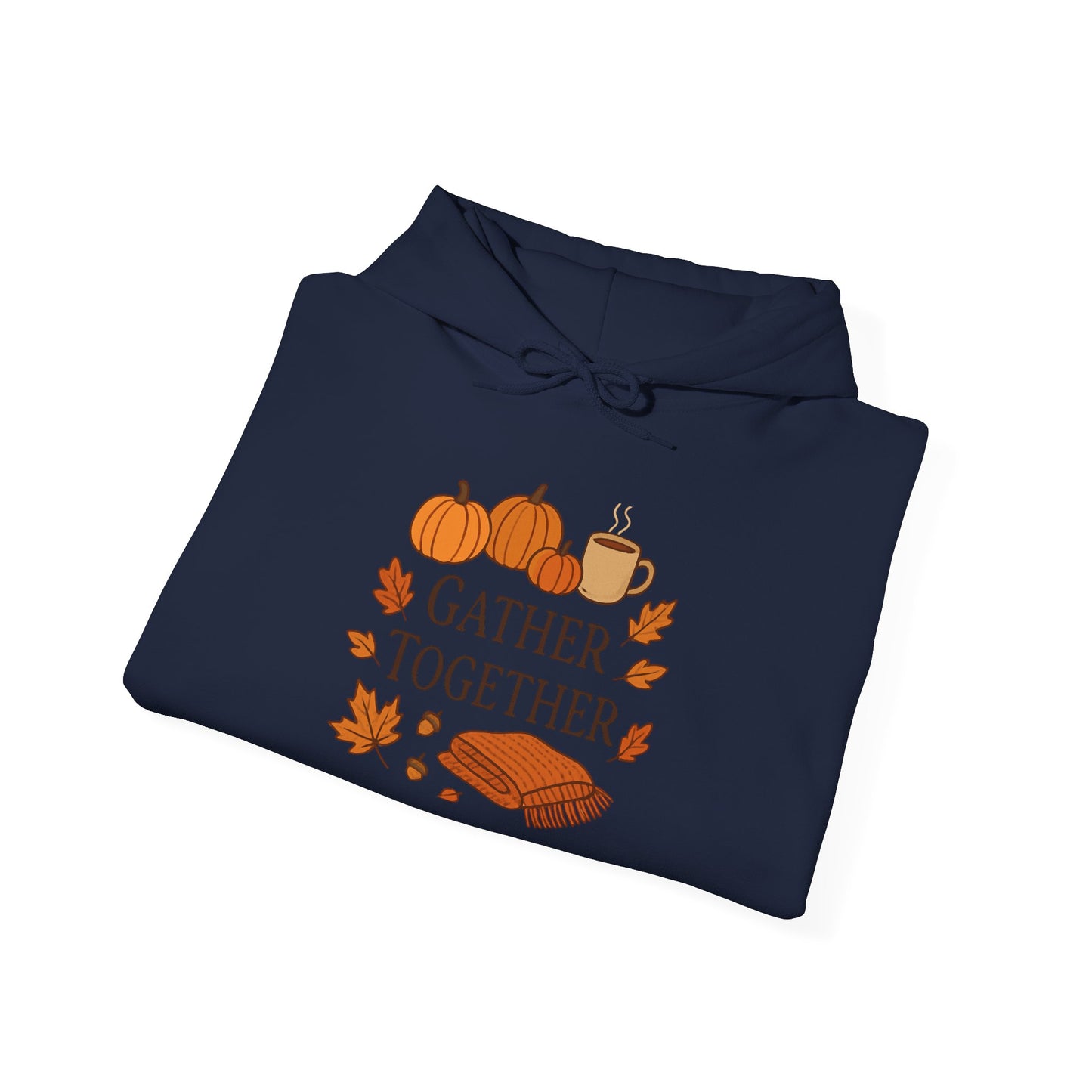 Gather Together Hoodie – Fall Pumpkin, Leaves & Mug Cozy Thanksgiving Sweatshirt