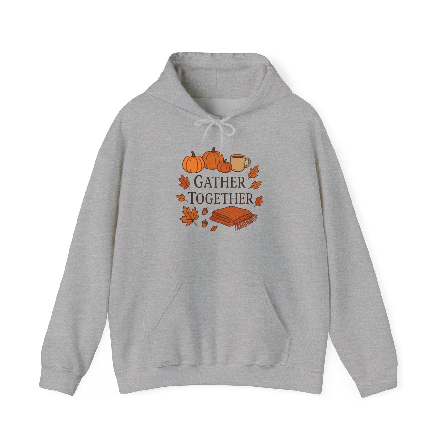 Gather Together Hoodie – Fall Pumpkin, Leaves & Mug Cozy Thanksgiving Sweatshirt