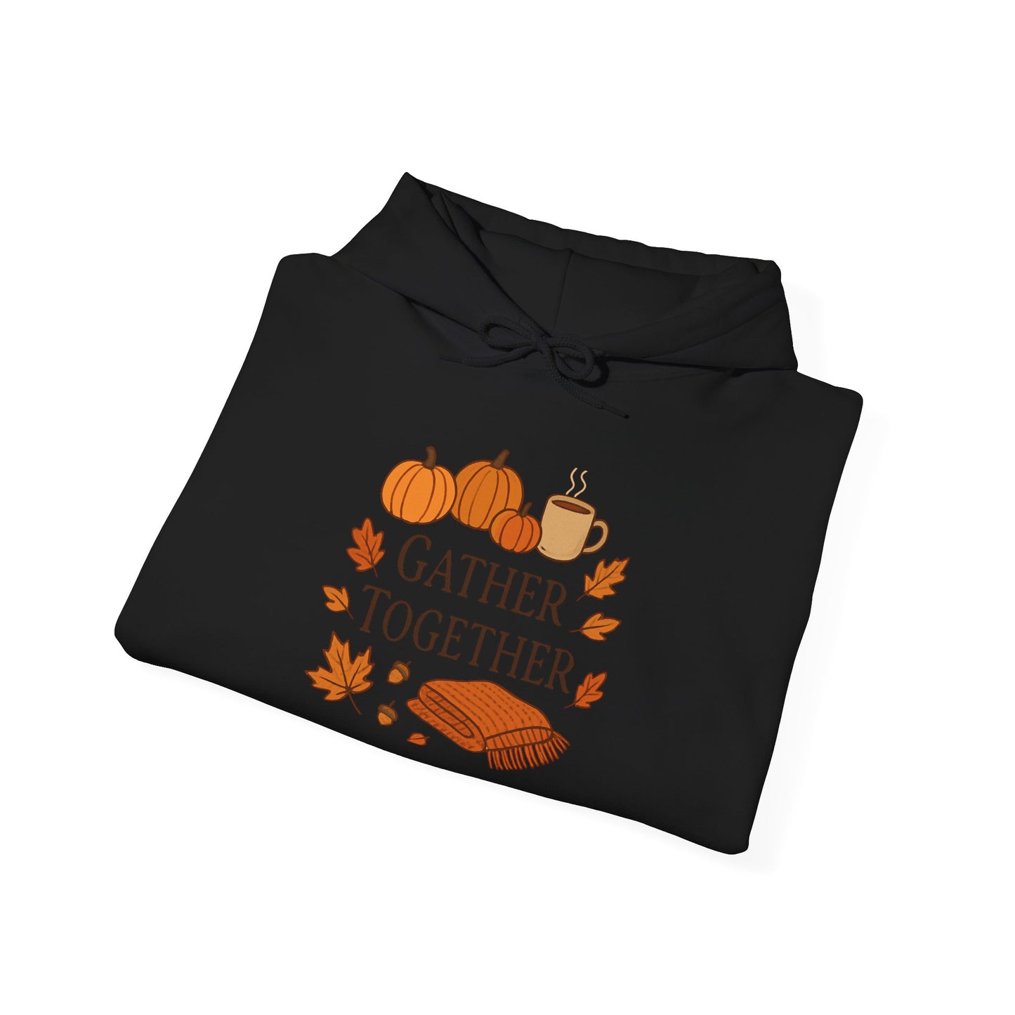 Gather Together Hoodie – Fall Pumpkin, Leaves & Mug Cozy Thanksgiving Sweatshirt