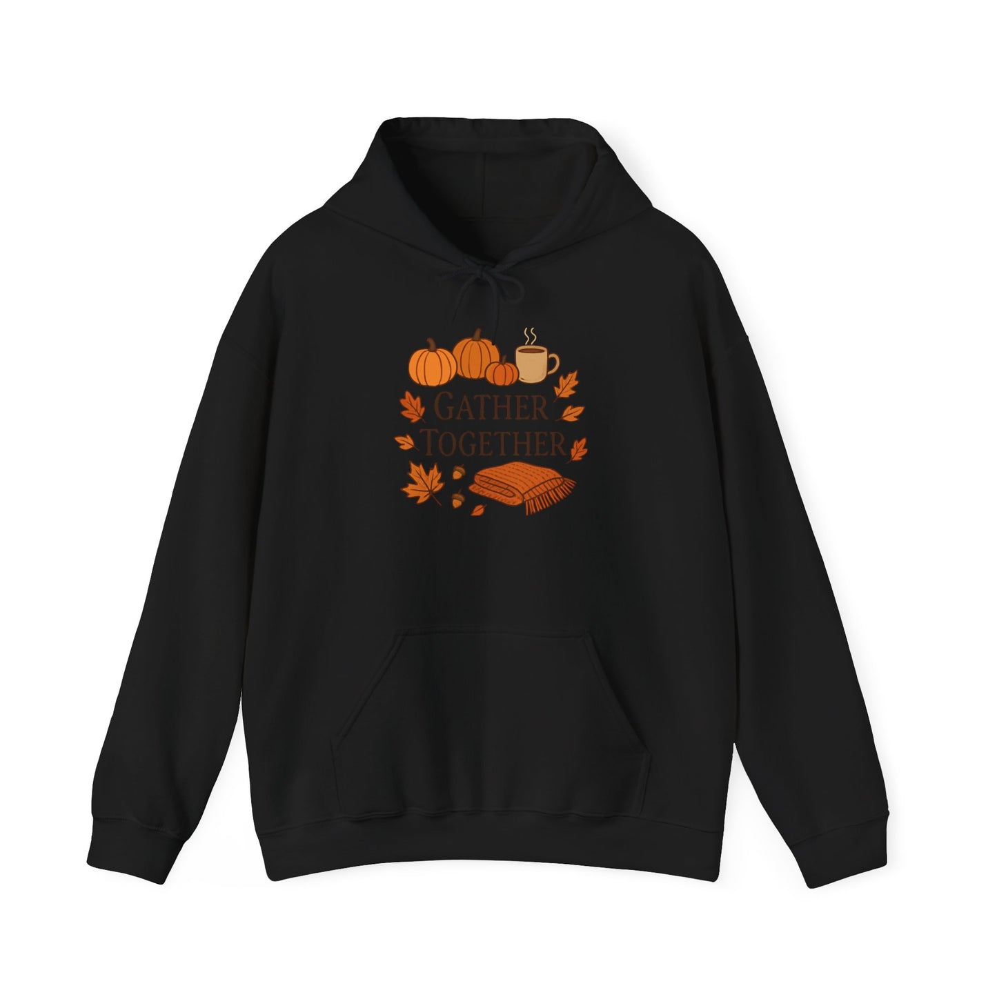 Gather Together Hoodie – Fall Pumpkin, Leaves & Mug Cozy Thanksgiving Sweatshirt