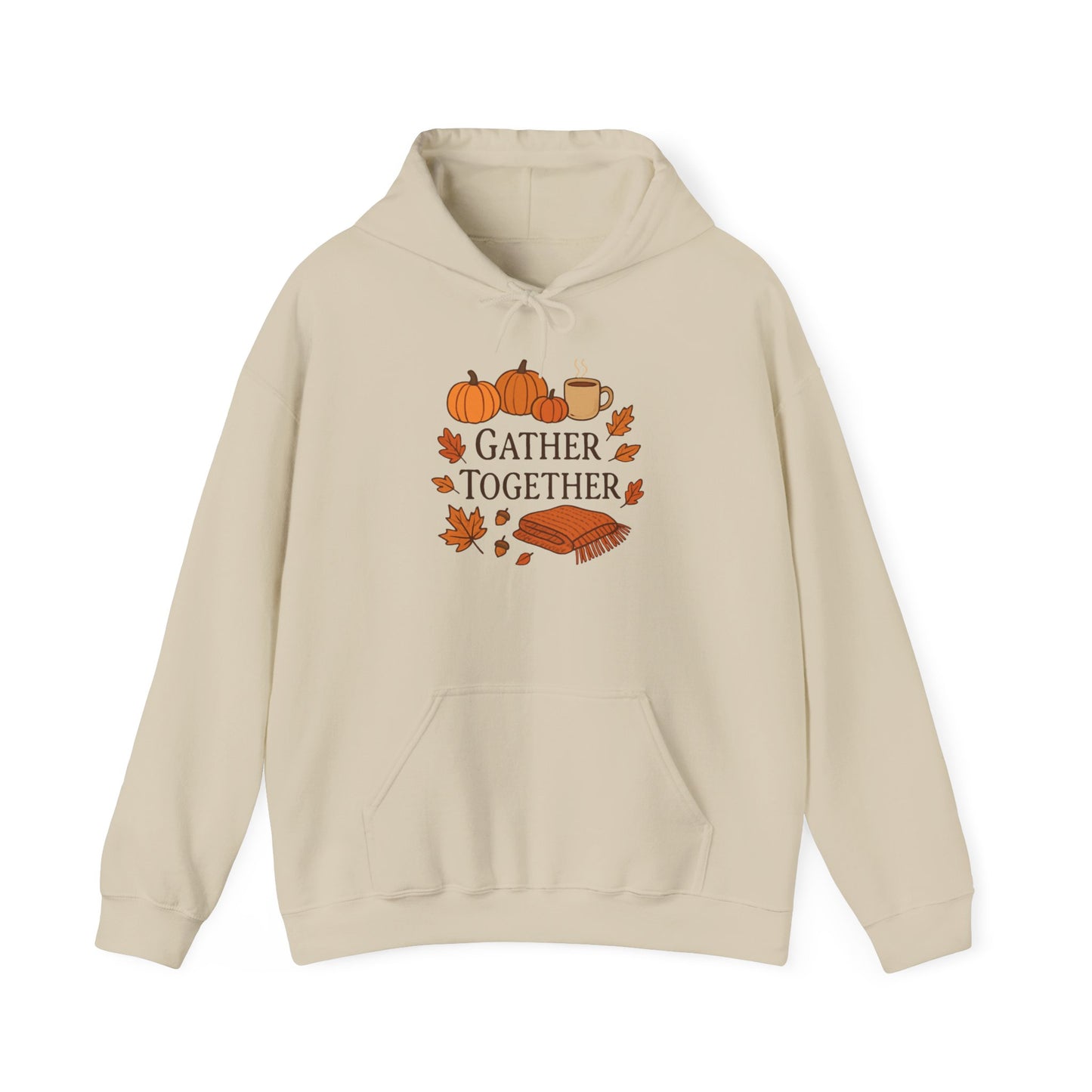 Gather Together Hoodie – Fall Pumpkin, Leaves & Mug Cozy Thanksgiving Sweatshirt