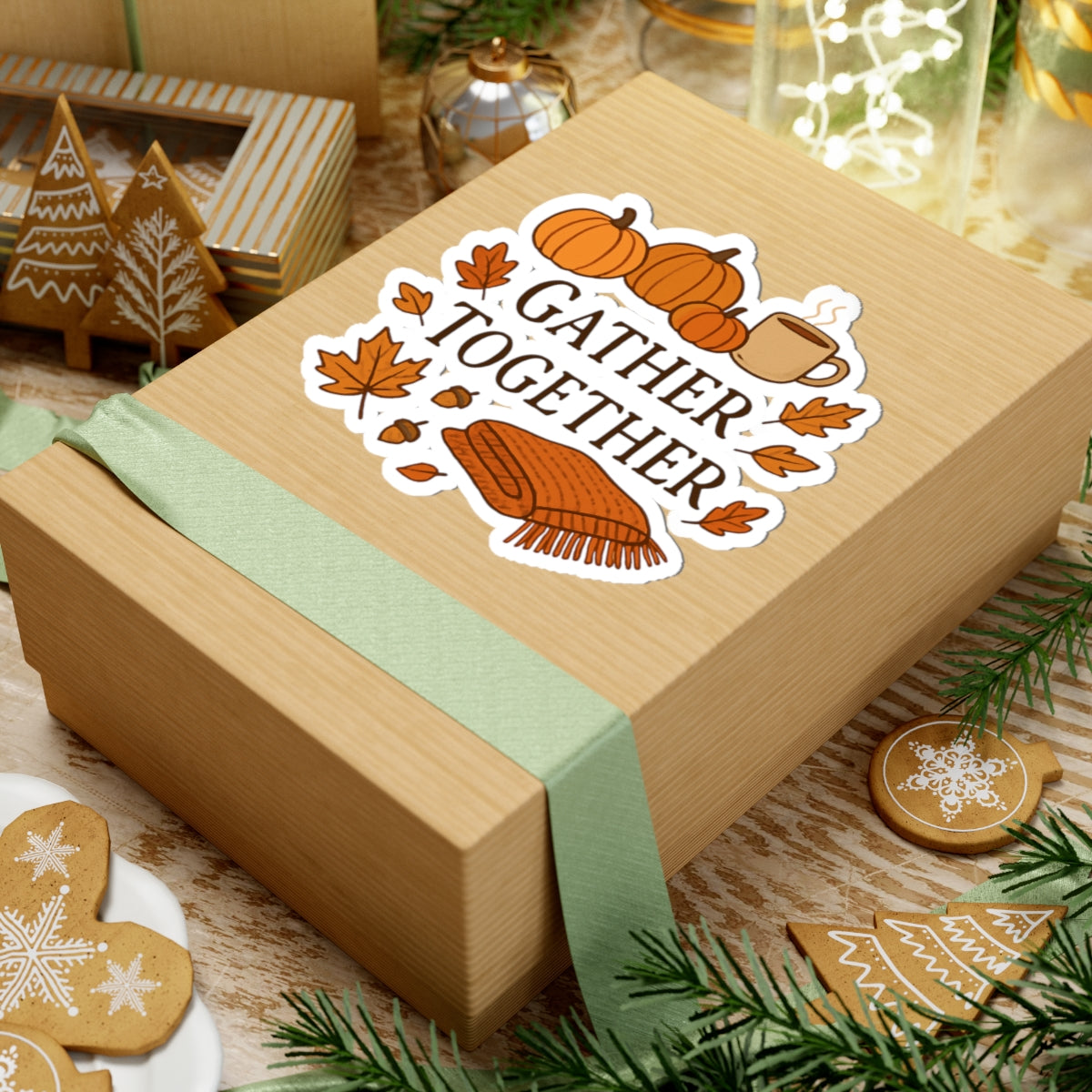 Gather Together Fall Sticker — Autumn Pumpkin, Leaves & Cozy Blanket Kiss-Cut Sticker