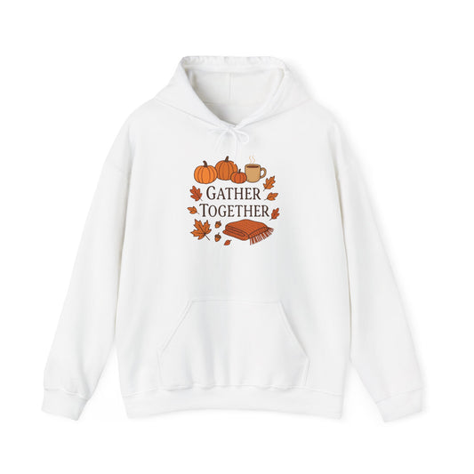 Gather Together Hoodie – Fall Pumpkin, Leaves & Mug Cozy Thanksgiving Sweatshirt