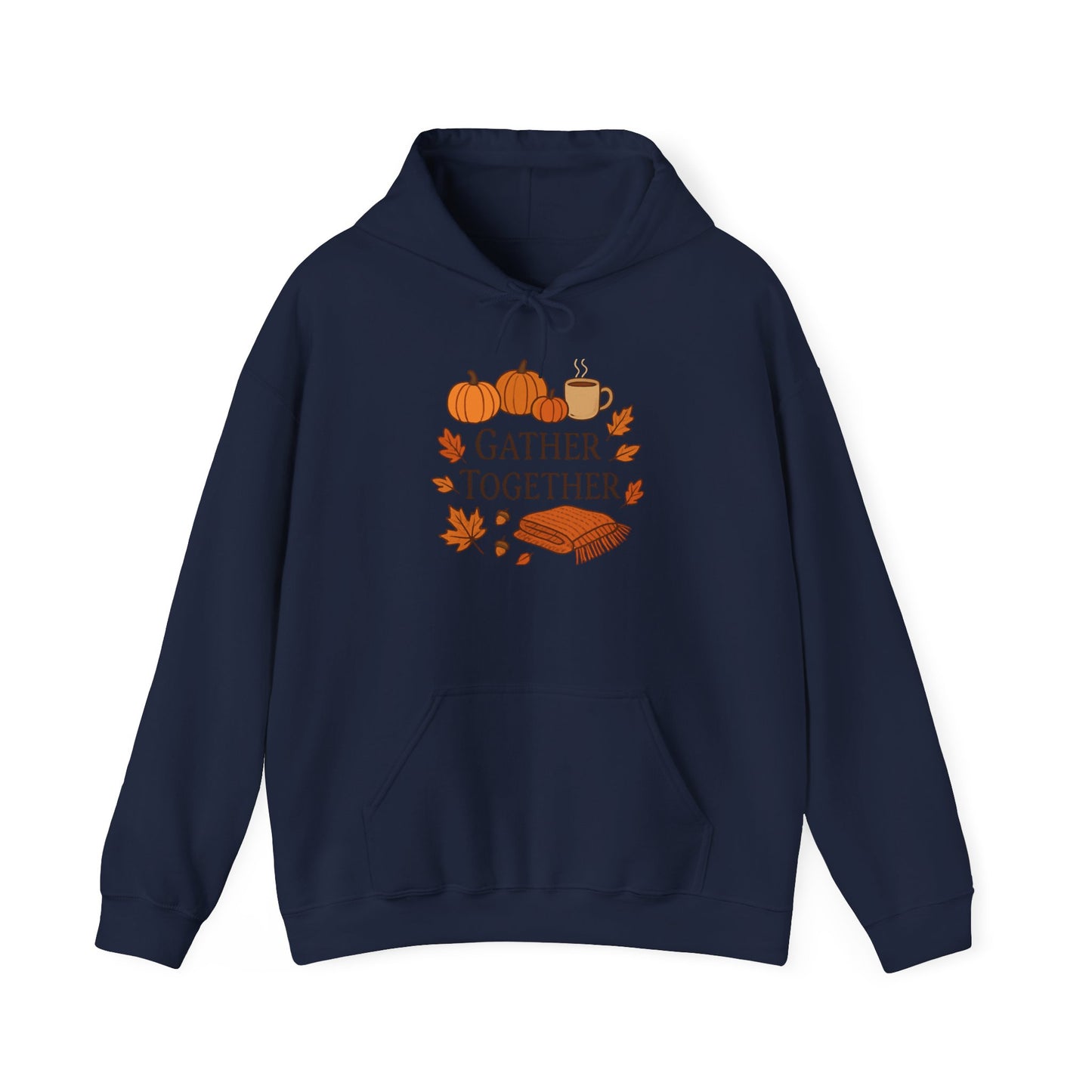 Gather Together Hoodie – Fall Pumpkin, Leaves & Mug Cozy Thanksgiving Sweatshirt