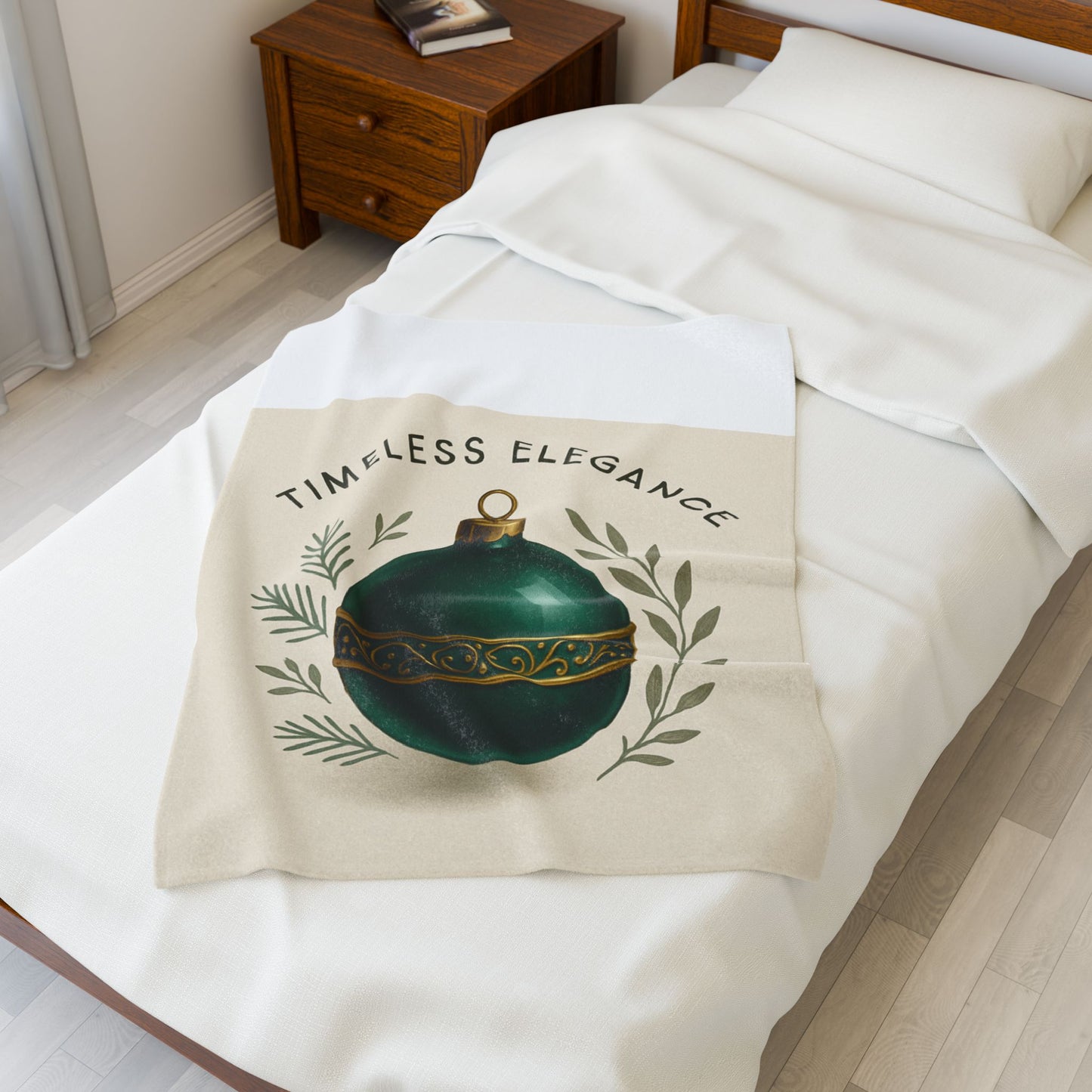 Velveteen Blanket — "Timeless Elegance" Green Ornament Holiday Throw