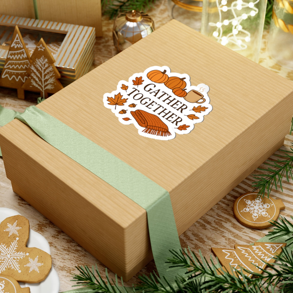 Gather Together Fall Sticker — Autumn Pumpkin, Leaves & Cozy Blanket Kiss-Cut Sticker