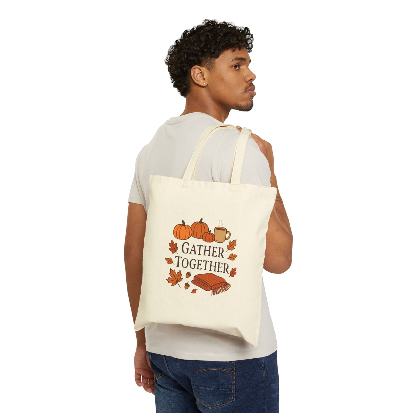 Tote Bag — "Gather Together" Autumn Pumpkin Fall Canvas Tote (Thanksgiving Gift)