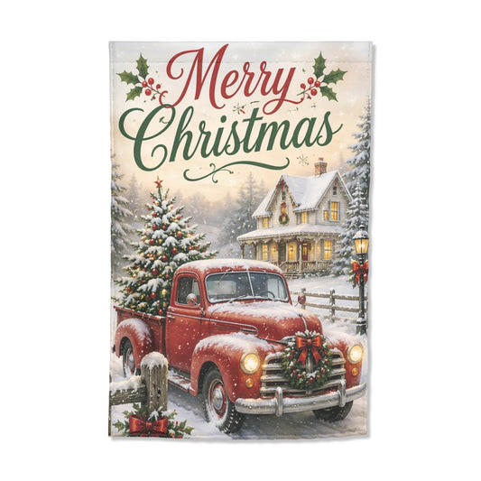 Vintage Merry Christmas Garden Flag | Red Farm Truck Holiday Outdoor Decor | 12" x 18"