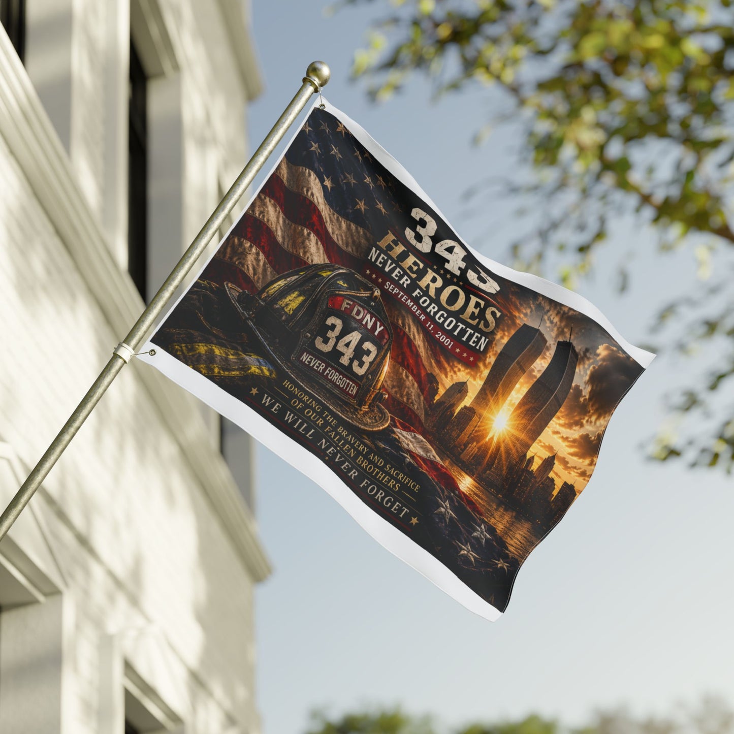 343 Heroes Never Forgotten Double-Sided Garden Flag | FDNY Memorial | 9/11 Tribute