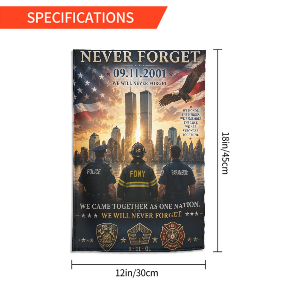 9/11 Never Forget Memorial Garden Flag | First Responders Tribute | 12" × 18"