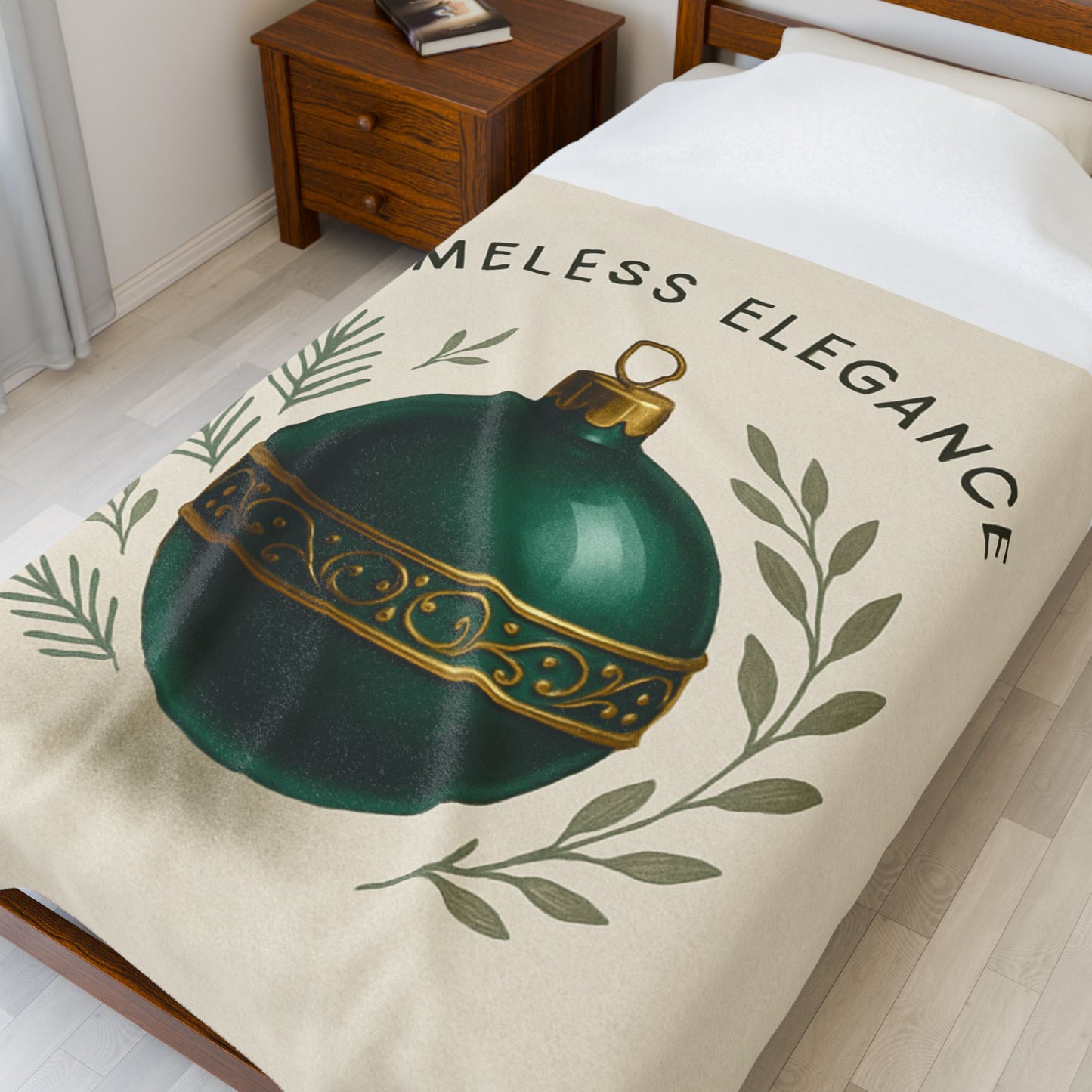 Velveteen Blanket — "Timeless Elegance" Green Ornament Holiday Throw