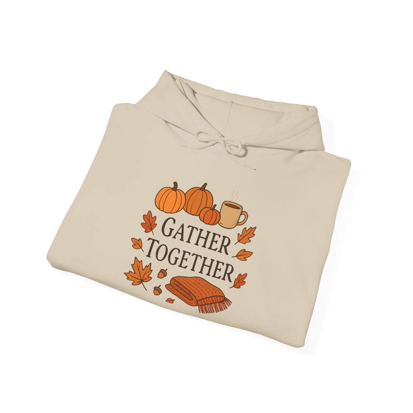 Gather Together Hoodie – Fall Pumpkin, Leaves & Mug Cozy Thanksgiving Sweatshirt