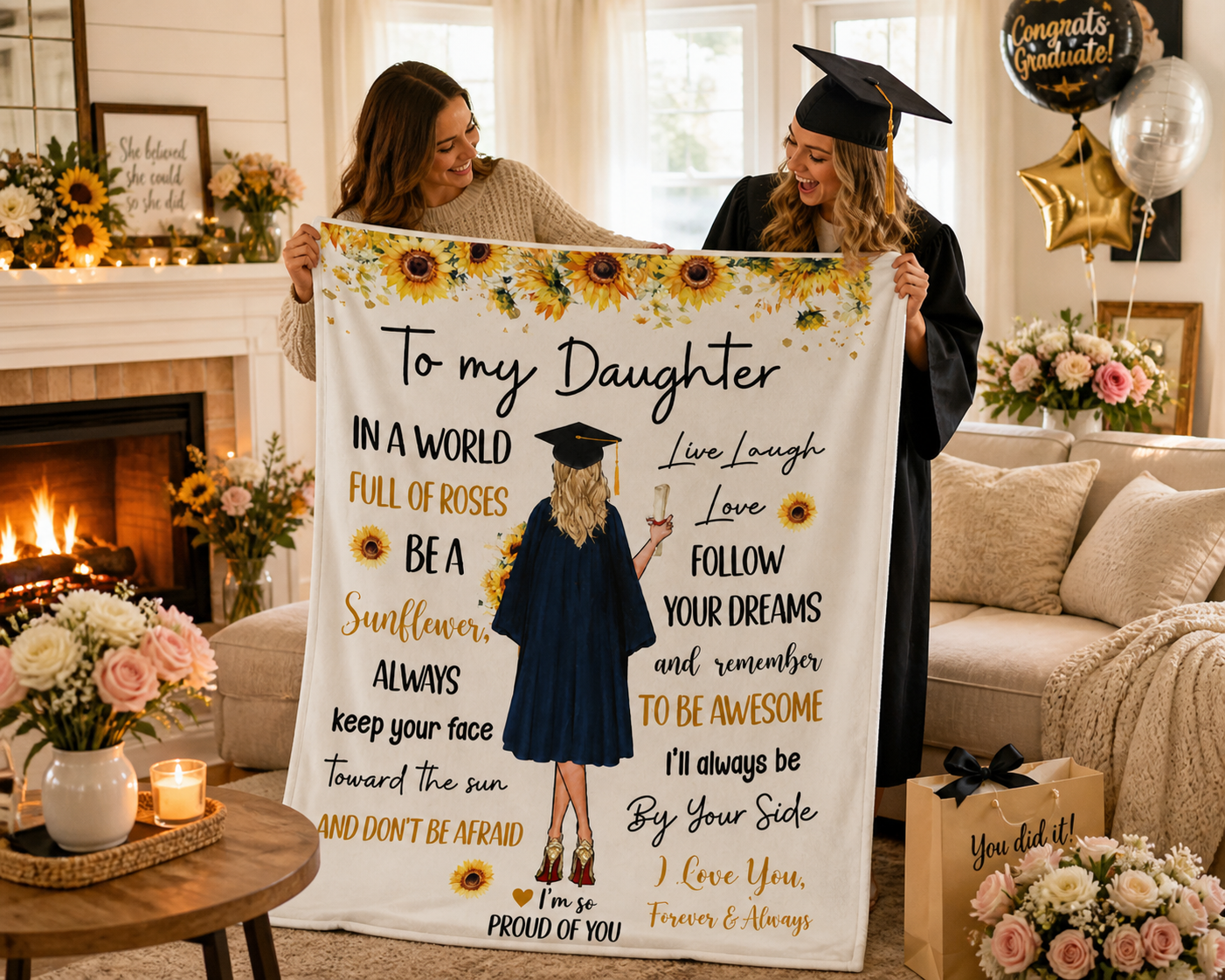 To My Daughter Graduation Blanket – Class of 2026 Gift from Mom, Emotional Gift for Daughter