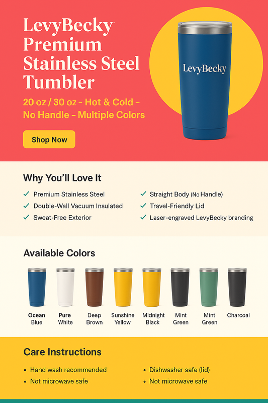 LevyBecky Premium Stainless Steel Tumbler – 20 oz / 30 oz – Hot & Cold – No Handle – Multiple Colors