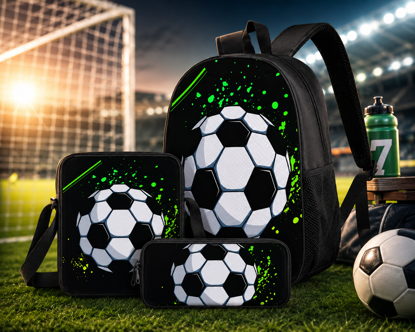 3-Piece Kids Soccer Backpack Set – Backpack, Lunch Bag & Pencil Case