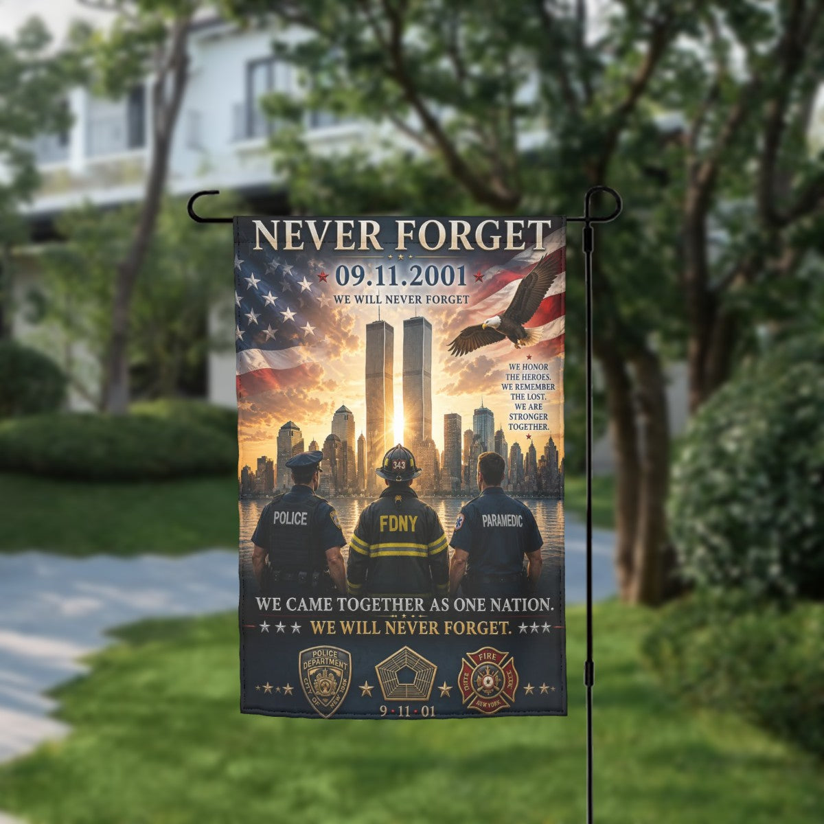 9/11 Never Forget Memorial Garden Flag | First Responders Tribute | 12" × 18"
