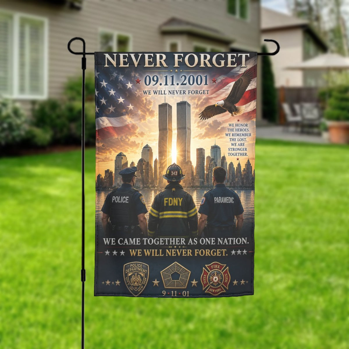 9/11 Never Forget Memorial Garden Flag | First Responders Tribute | 12" × 18"