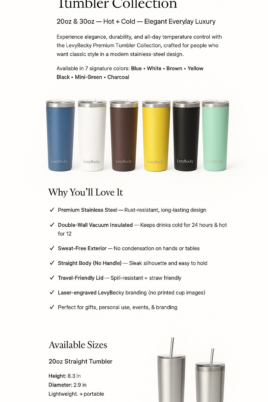 LevyBecky Premium Stainless Steel Tumbler – 20 oz / 30 oz – Hot & Cold – No Handle – Multiple Colors